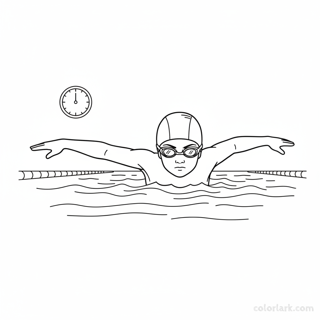 Black and white line art of a focused child practicing freestyle interval training in a pool, wearing a swim cap and goggles.