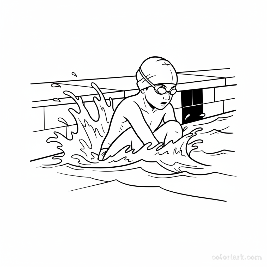 Black and white line art of a focused child practicing a freestyle turn in a pool, wearing a swim cap and goggles.