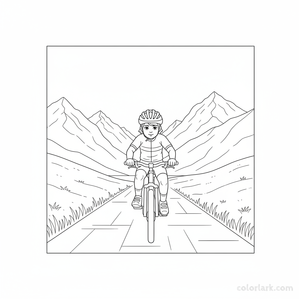 Black and white line art coloring page of a focused child with a helmet, riding a bicycle on a path through a mountain valley.