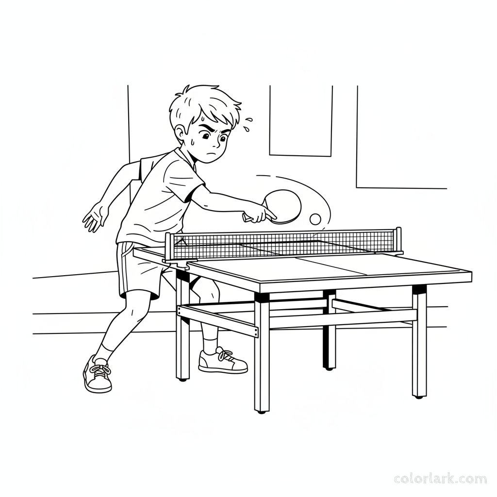 Line art of a focused child practicing a backhand slice in table tennis.