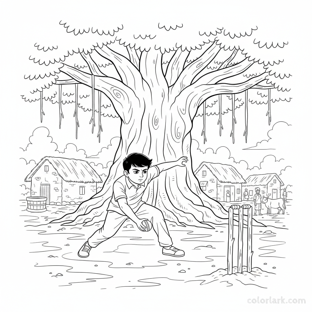 Focused Indian boy standing under a large shady tree, ready to bowl a cricket ball on a village ground.