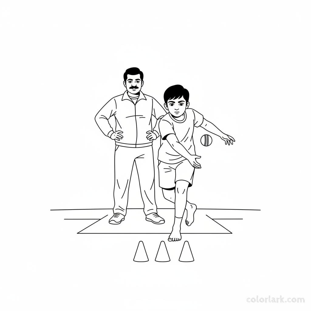 Focused Indian boy learning bowling target practice with coach, black and white line art.