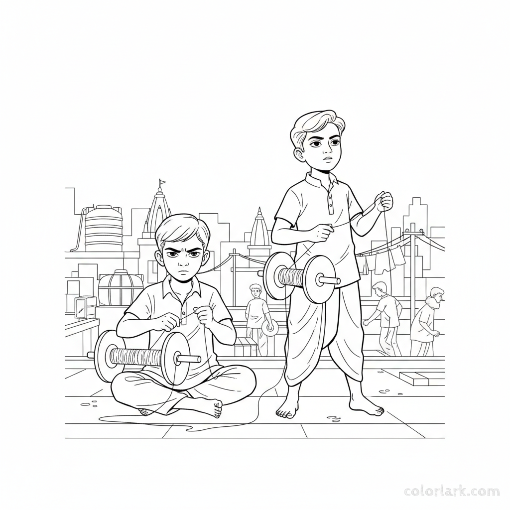 Line art of focused Indian boys and their kite spools on an Indian active city rooftop, for coloring.