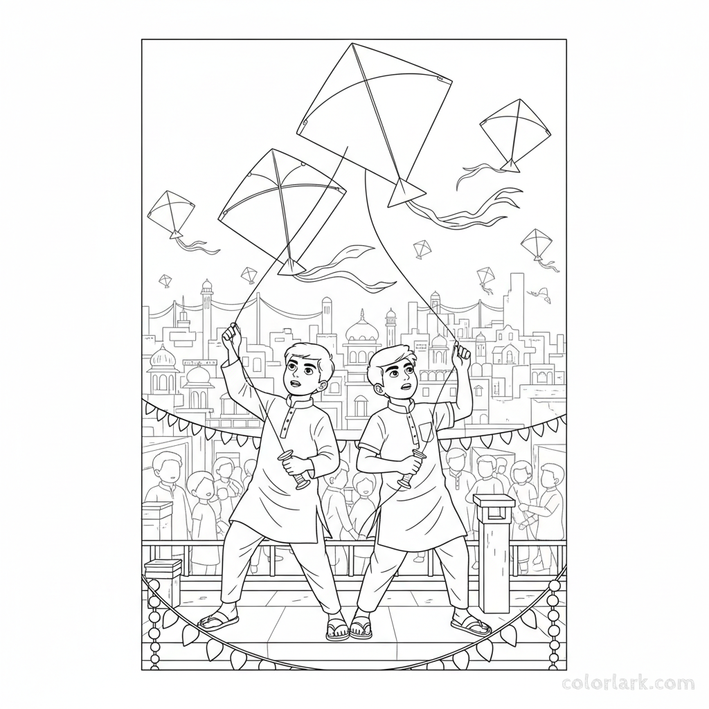 Line art of focused Indian boys maneuvering kites on a crowded Indian festival rooftop, for coloring.