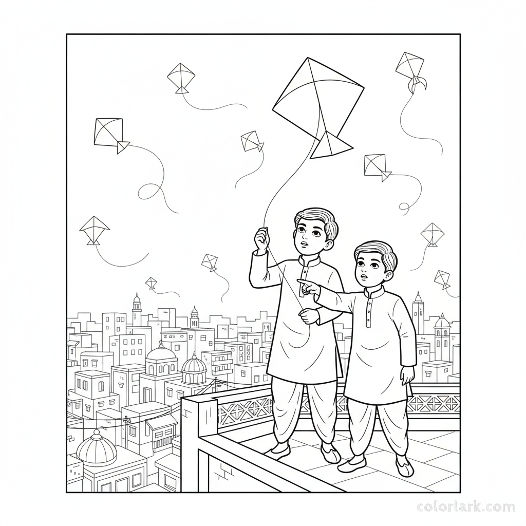 Line art of focused Indian youth watching kites soar above an Indian cityscape, suitable for coloring.