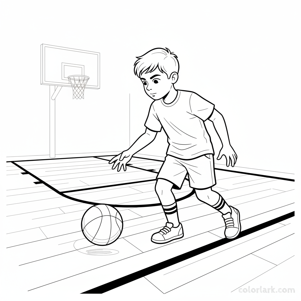 Black and white line art of a focused young boy dribbling a basketball solo in a school gym.