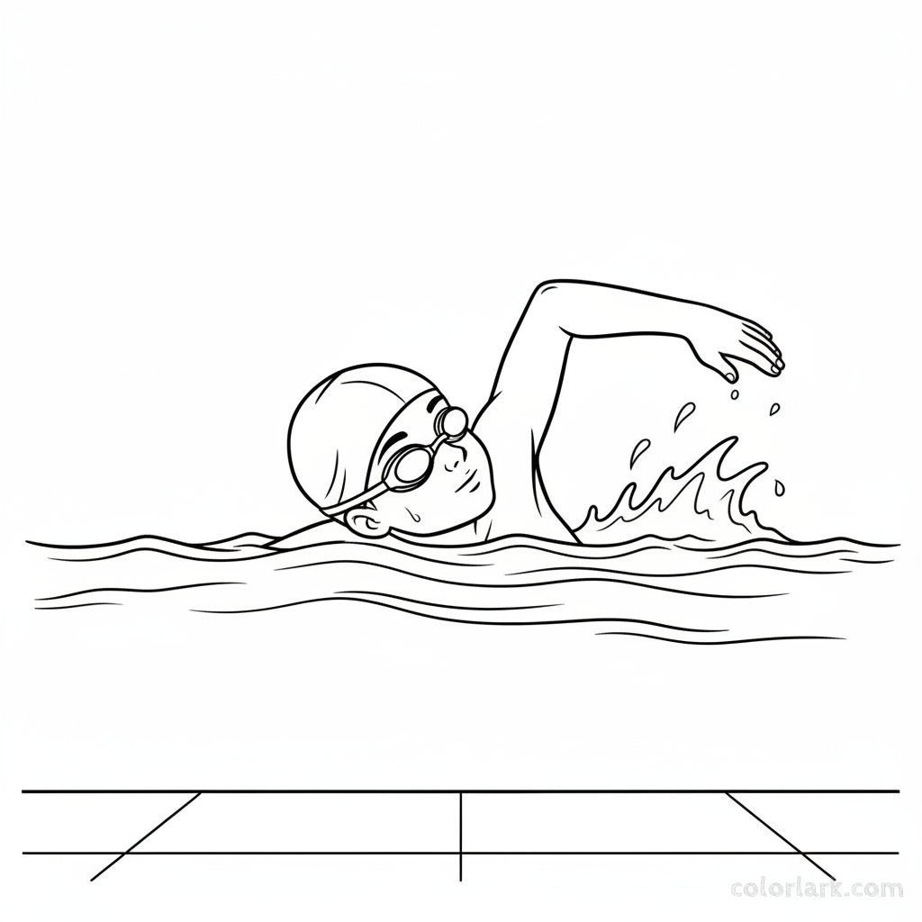 Black and white line art of a focused child swimmer breathing sideways during freestyle in a pool, wearing a swim cap and goggles.