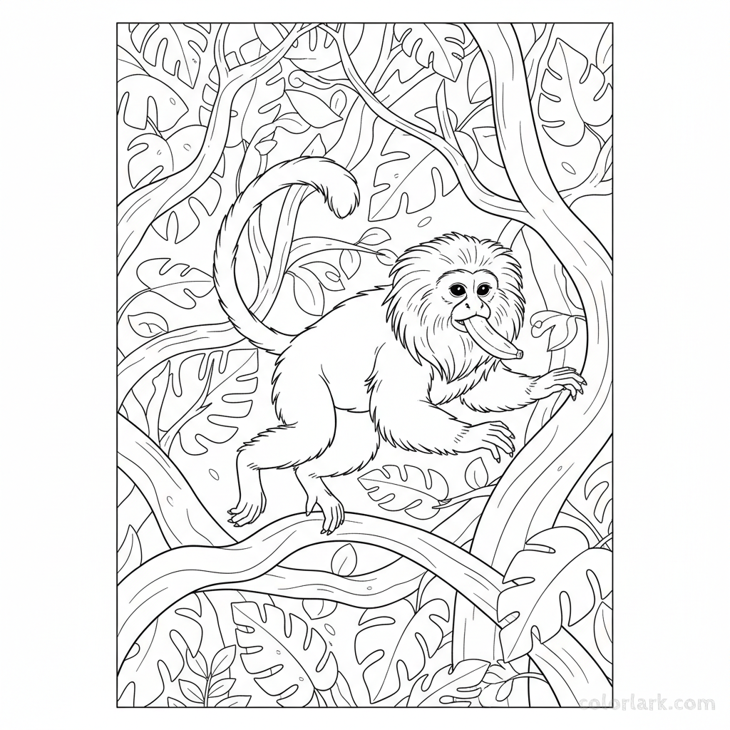 Black and white line art of a focused Tamarin monkey leaping between branches with a banana in its mouth.