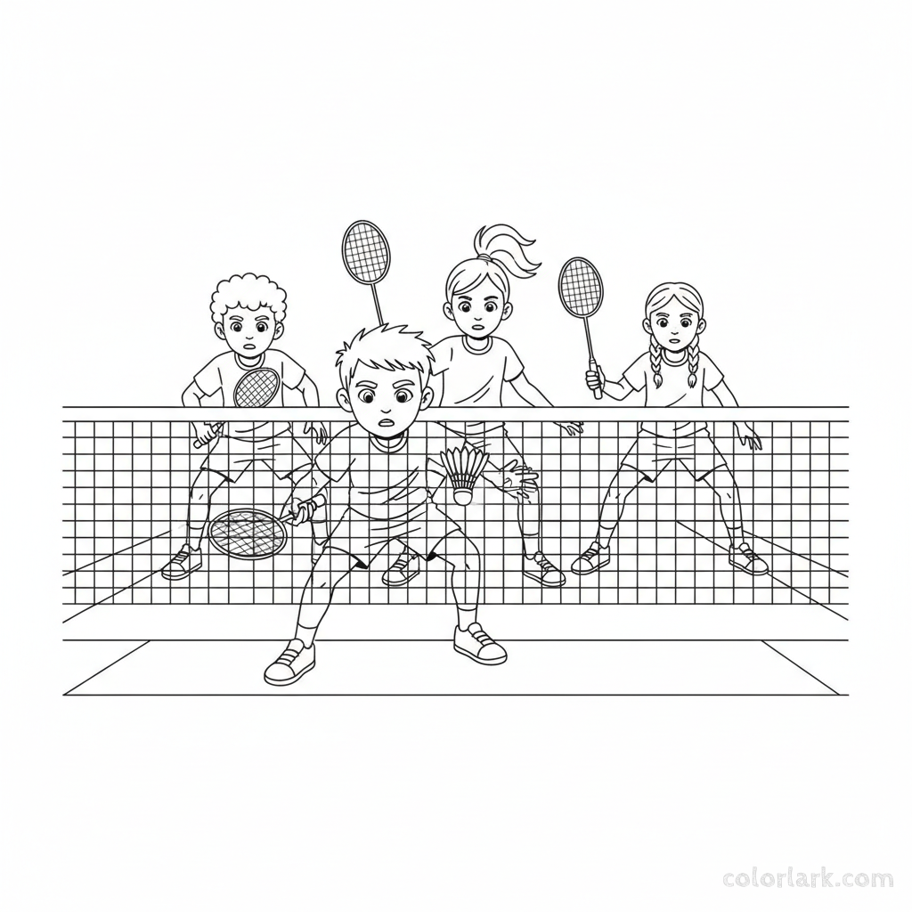 Children playing doubles badminton near the net, with one player reaching for the shuttlecock.