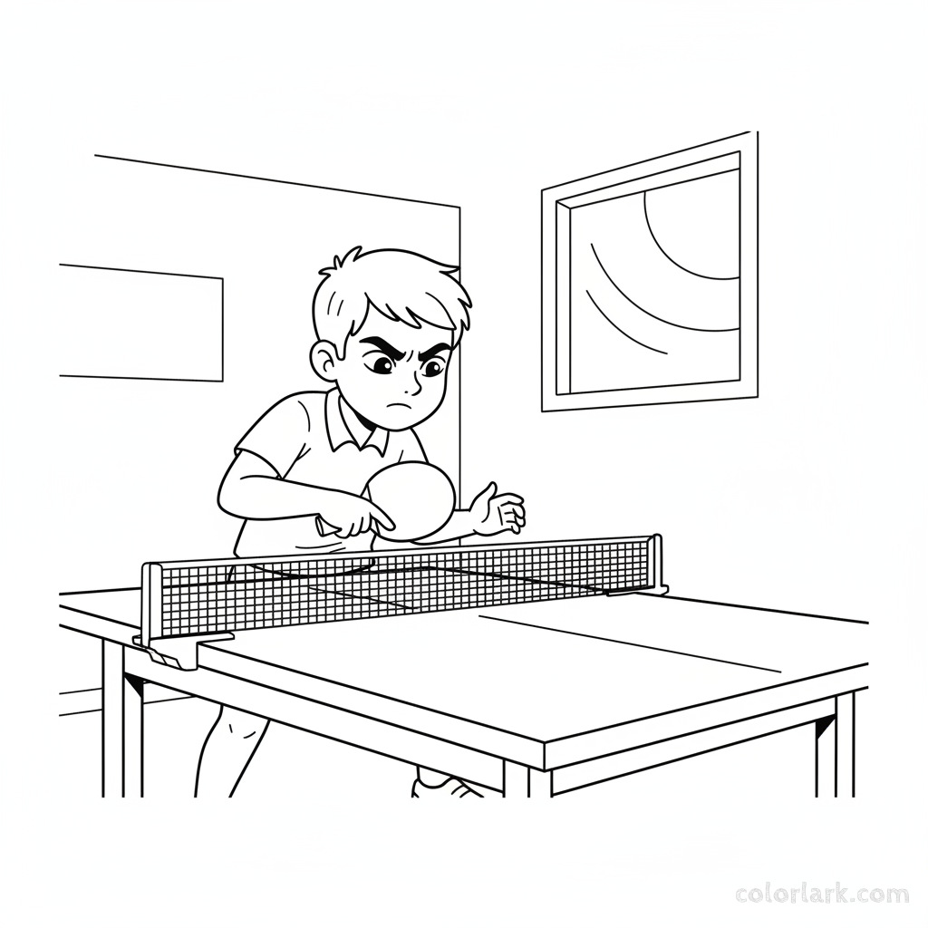 Line art of a focused youngster performing a backhand block in table tennis.