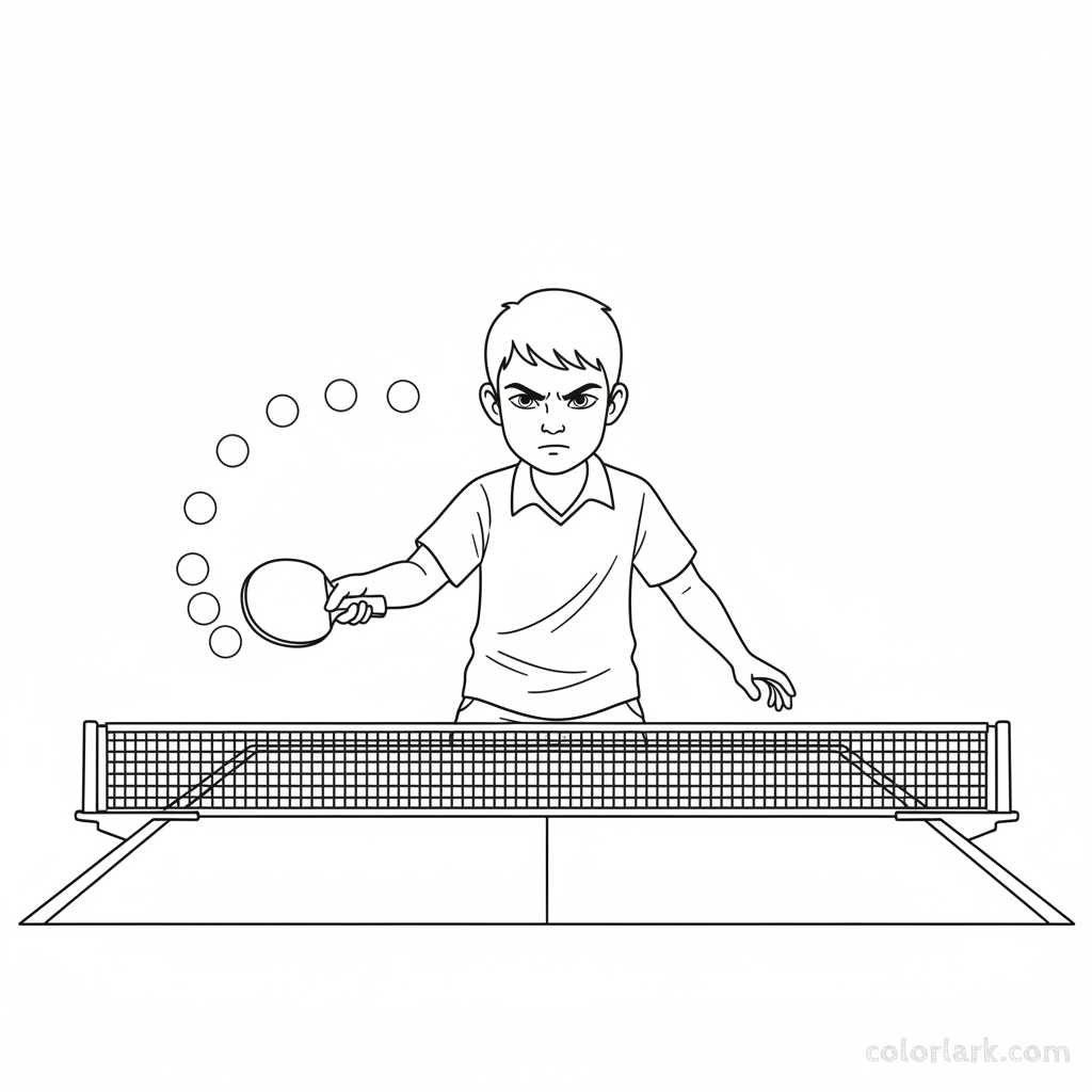 Line art of a focused youngster performing a backhand control drill in table tennis.