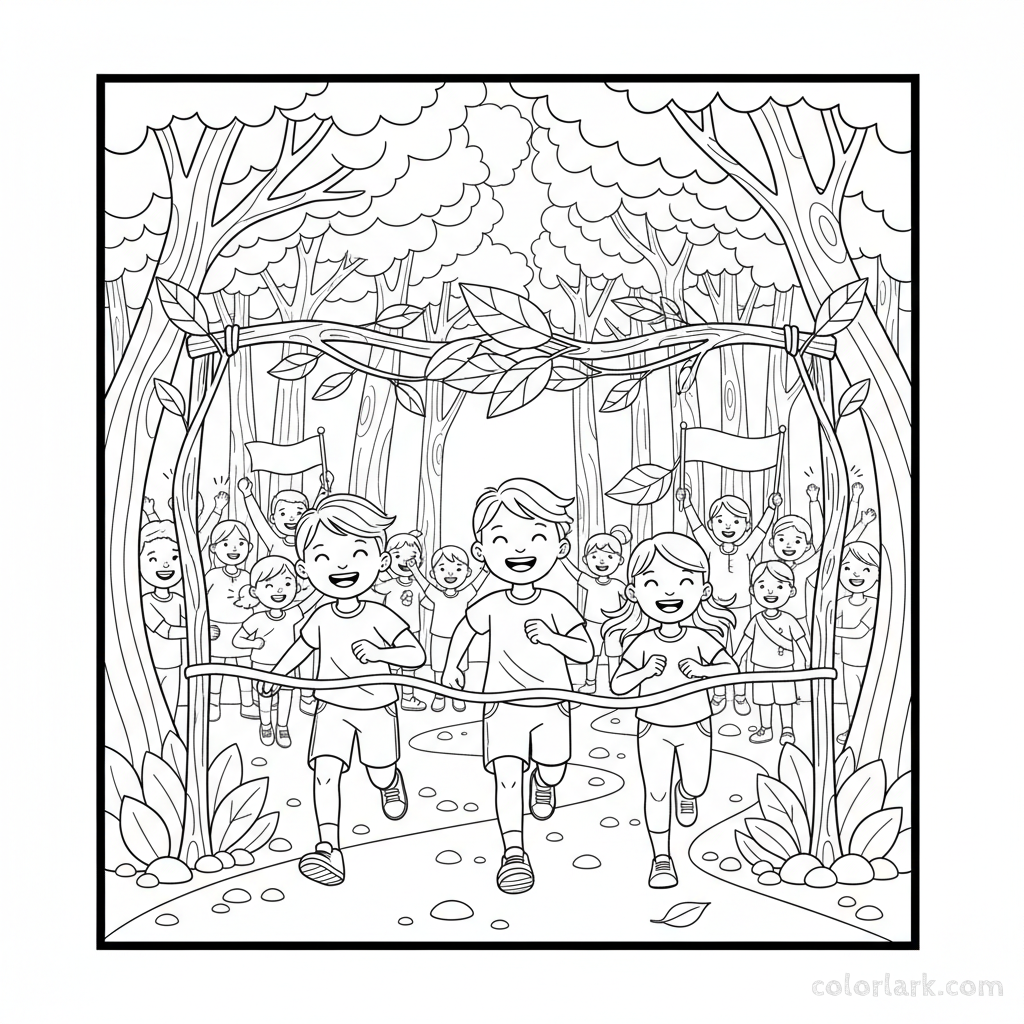 Line art of kids sprinting in a forest fun run to a rustic finish line with a cheering crowd