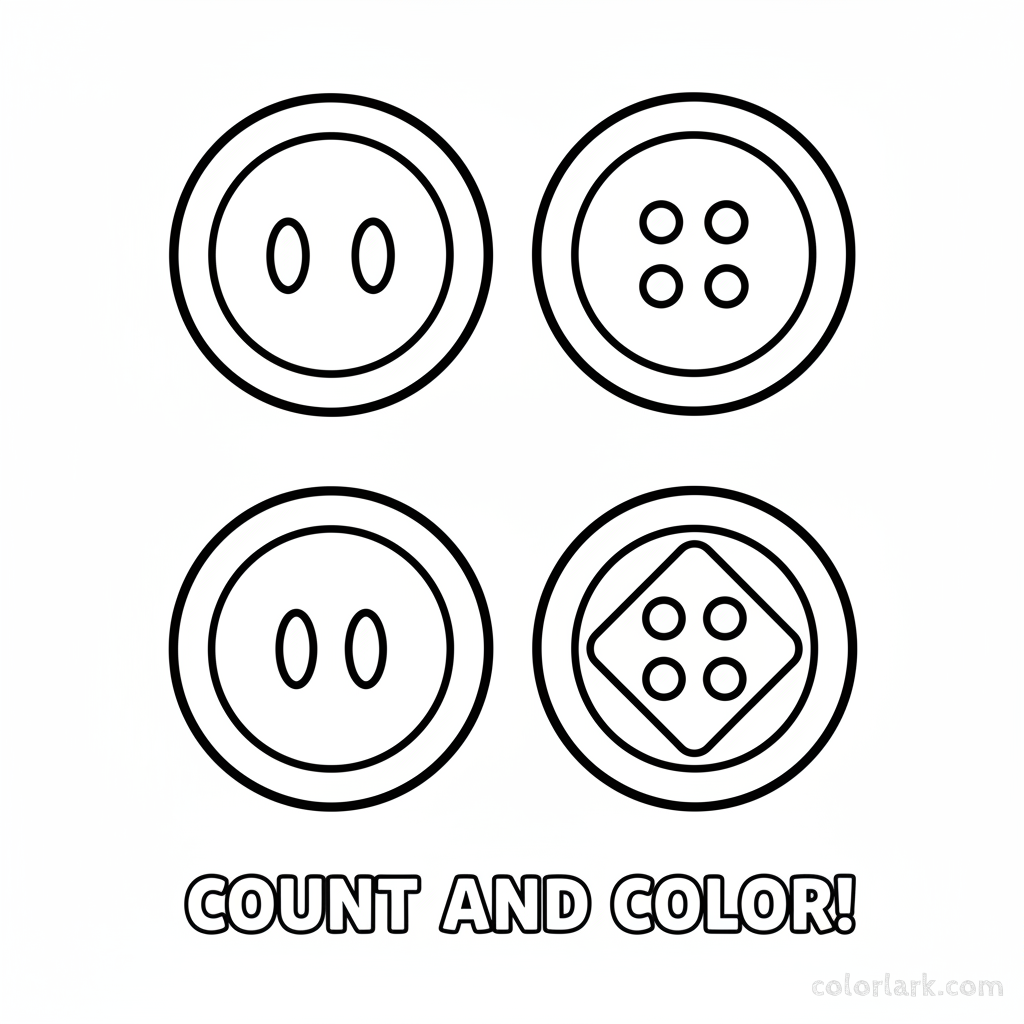 A black-and-white line art illustration showing four round blue buttons, ideal for a number 4 counting and coloring activity.