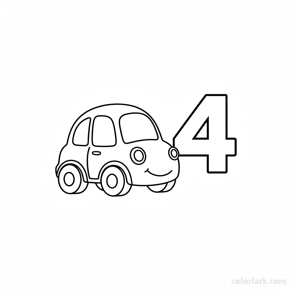 Black and white line art coloring page of a car showing four wheels, with the number 4.