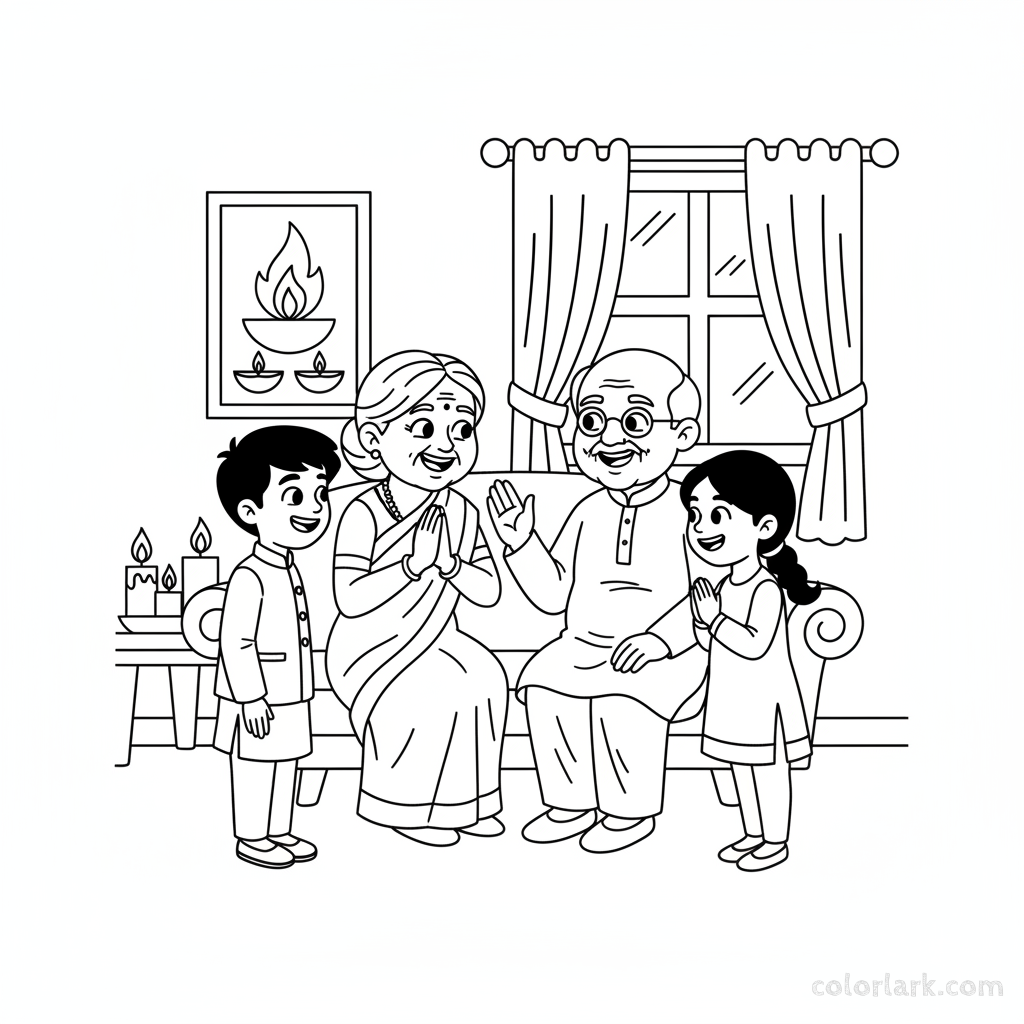 Friendly children warmly greeting their grandparents for Diwali celebrations and blessings, showing family bond, line art