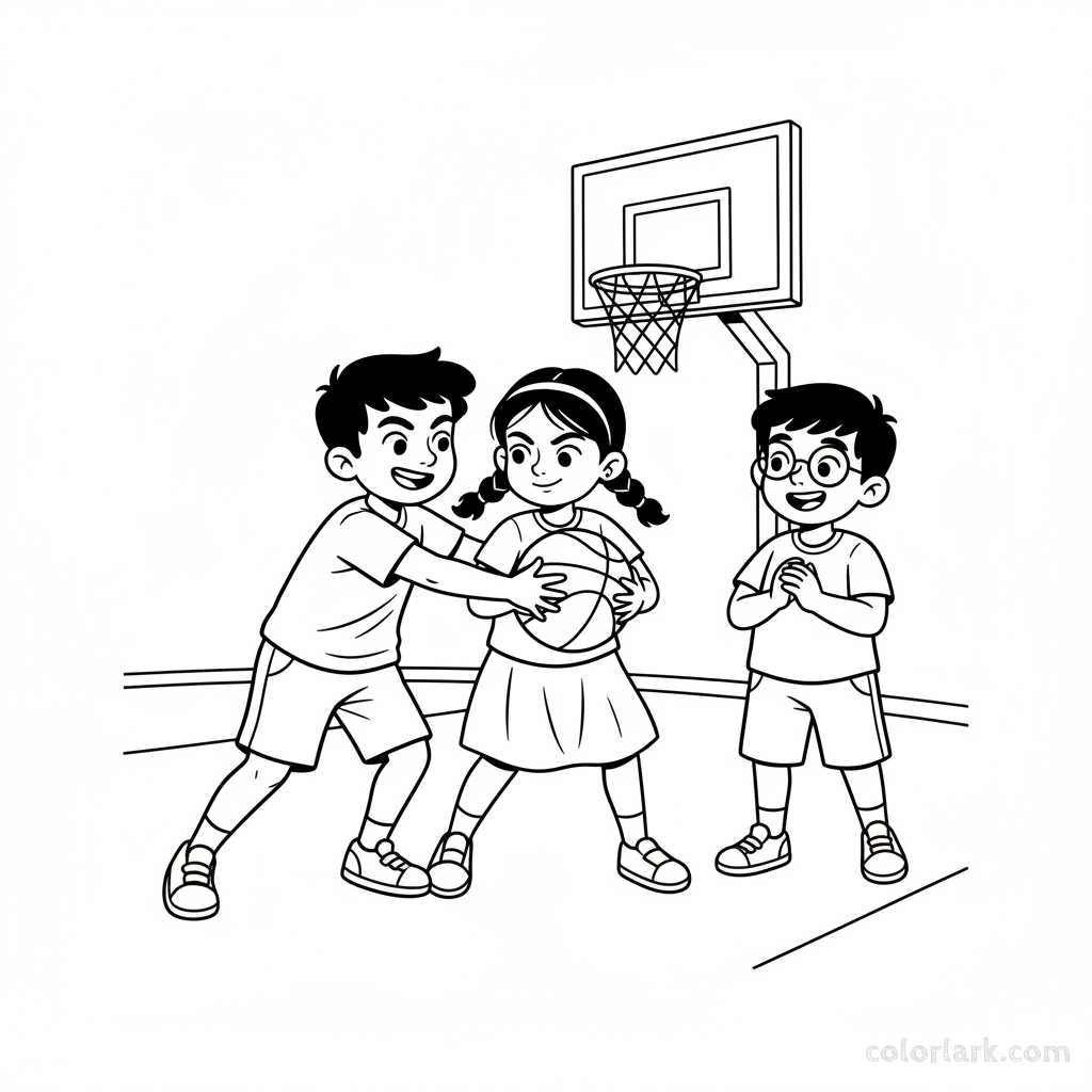 Line art of Indian children in friendly competition during street basketball, with a friend cheering.