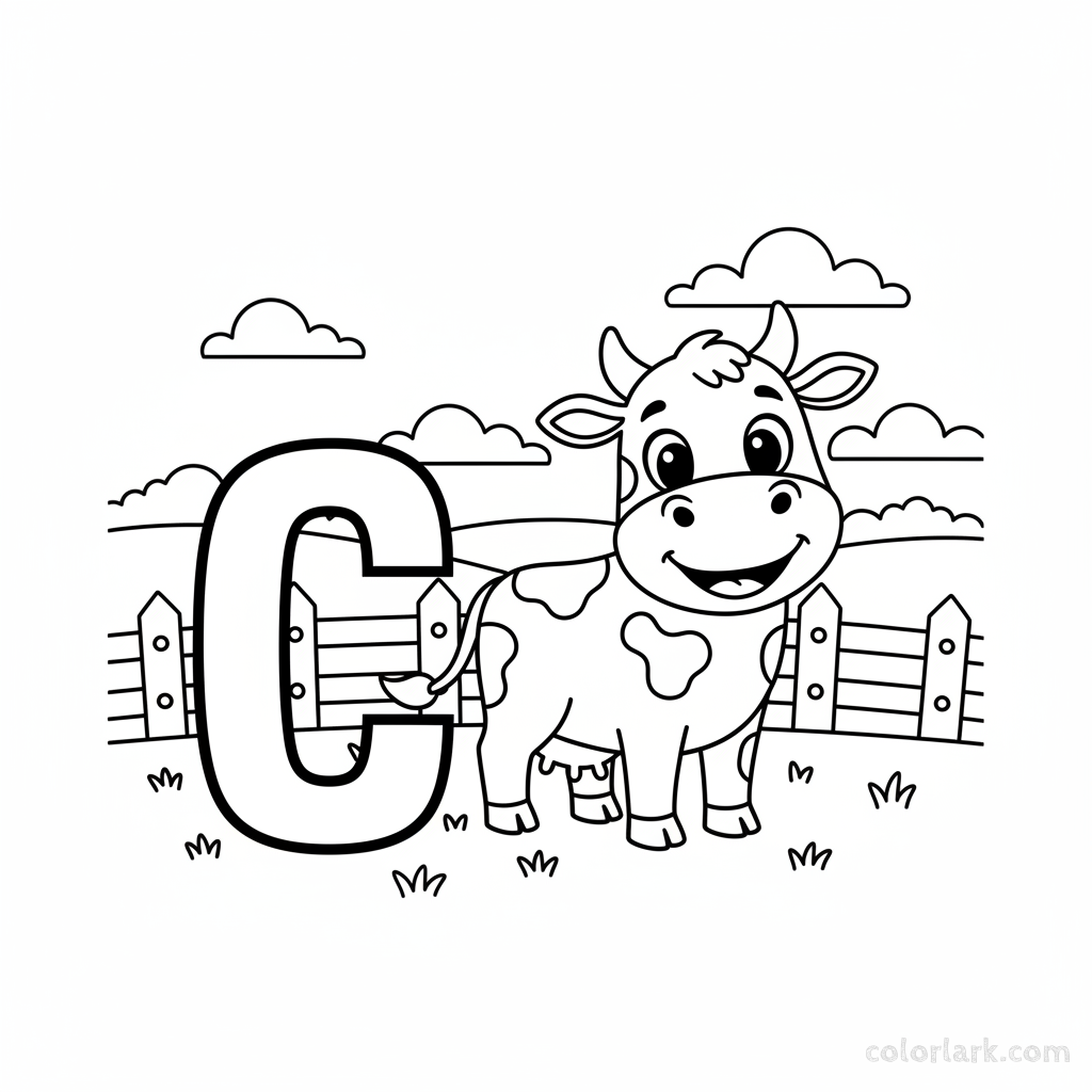 Black and white line art of a friendly cow standing beside the letter C.