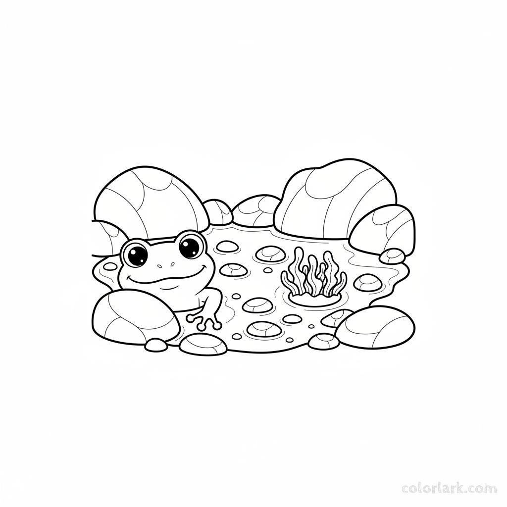 Black and white line art of a friendly frog peeking from a coastal rockpool.