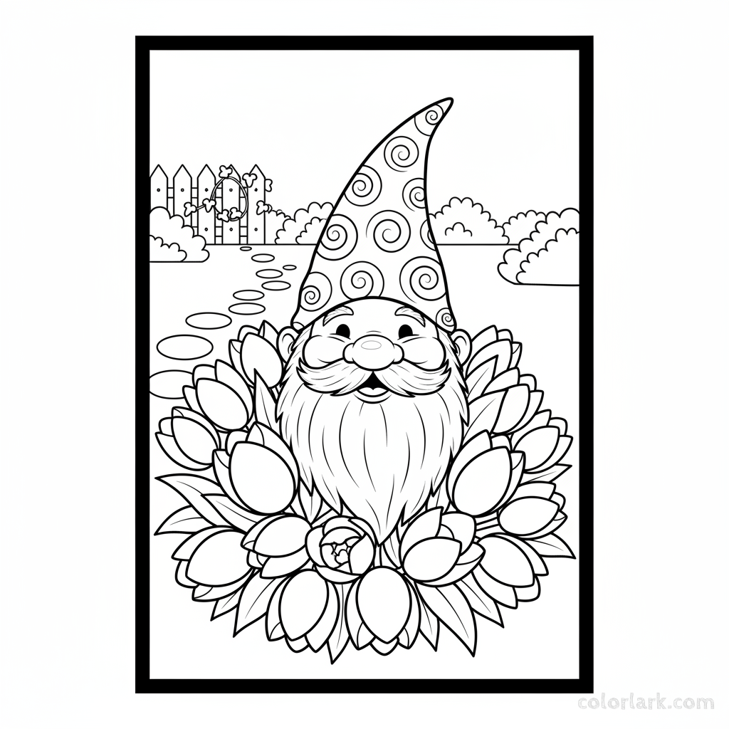 Line art illustration of a friendly garden gnome peeking from behind blooming tulips