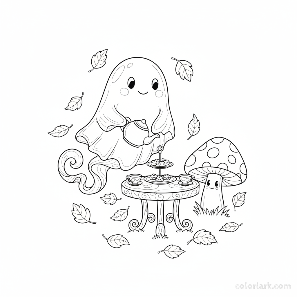 Black and white line art of a friendly ghost hosting a sweet tea party with autumn leaves, Halloween coloring page.