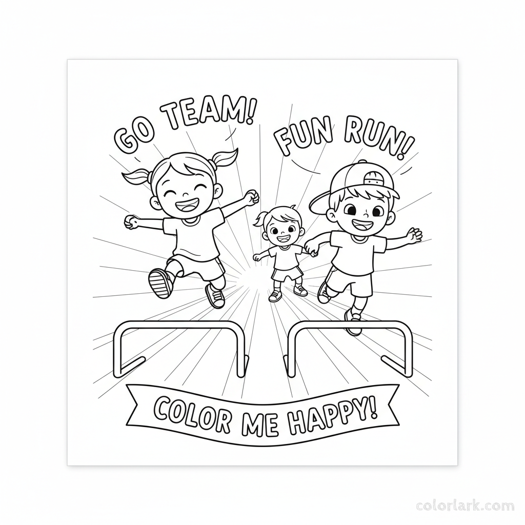 Black and white line art depicting a friendly hurdle competition for children on a sunny athletics track.