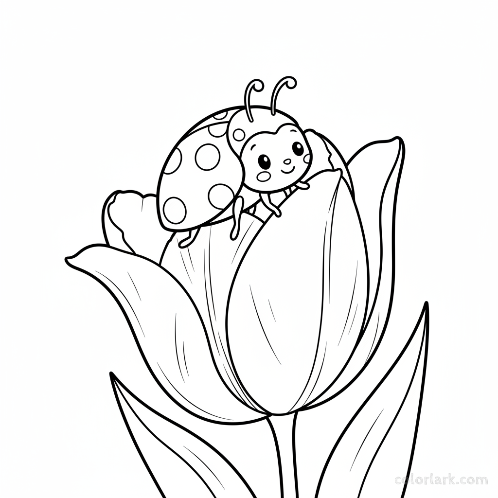 Line art illustration of a friendly ladybug perched on a tulip petal