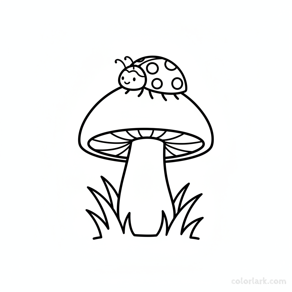 Black and white line art of a friendly ladybug resting on the cap of a single, stout mushroom, for coloring.