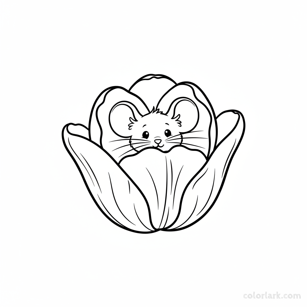 Line art illustration of a friendly mouse peeking from behind a tulip flower