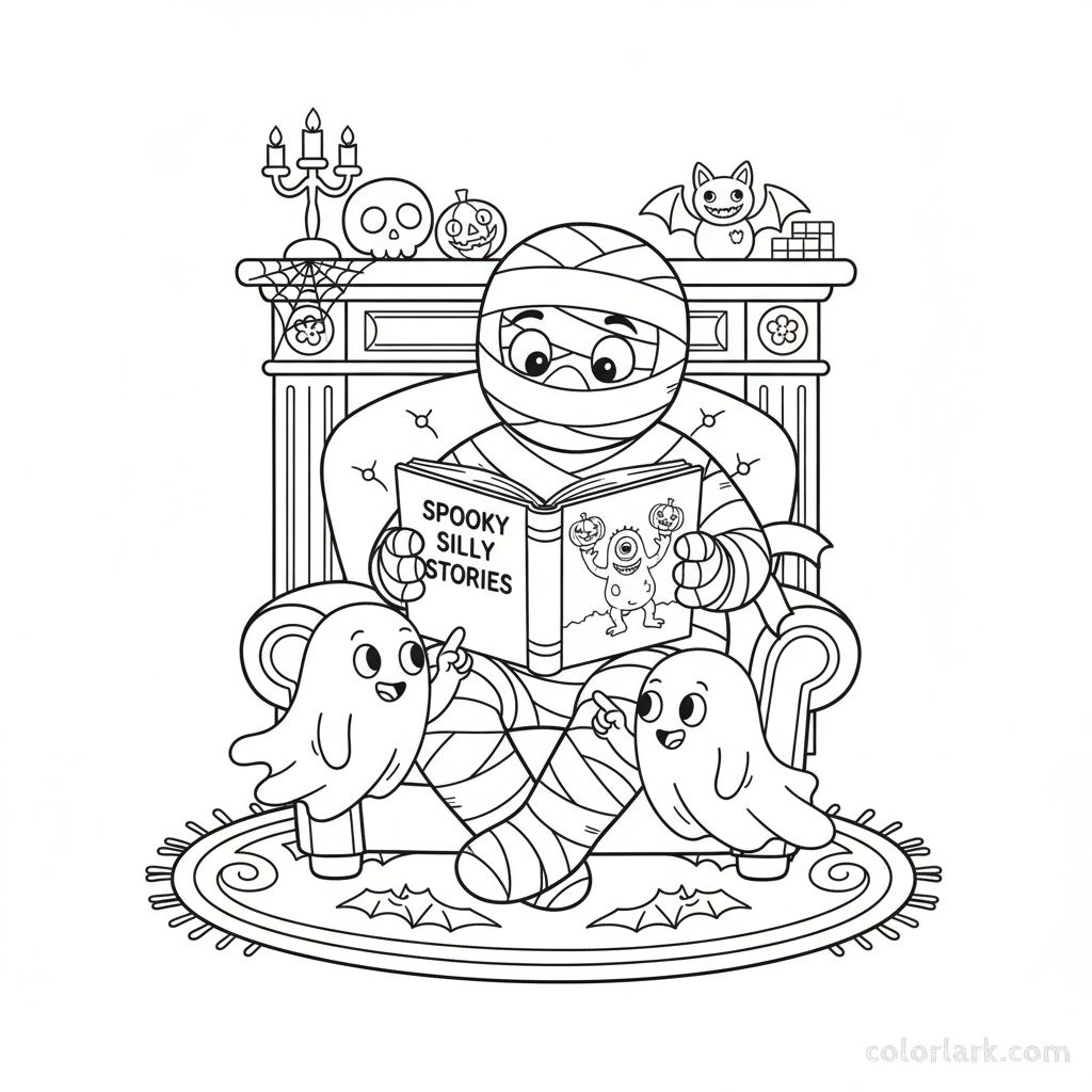 Black and white line art of a friendly mummy reading a spooky but silly storybook to little ghosts, Halloween coloring page.