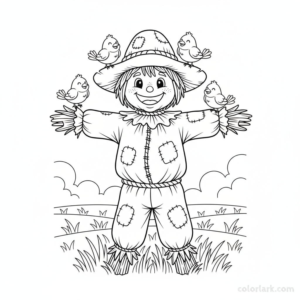 Black and white line art of a friendly scarecrow with birds perched on his hat and shoulders, Halloween coloring page.