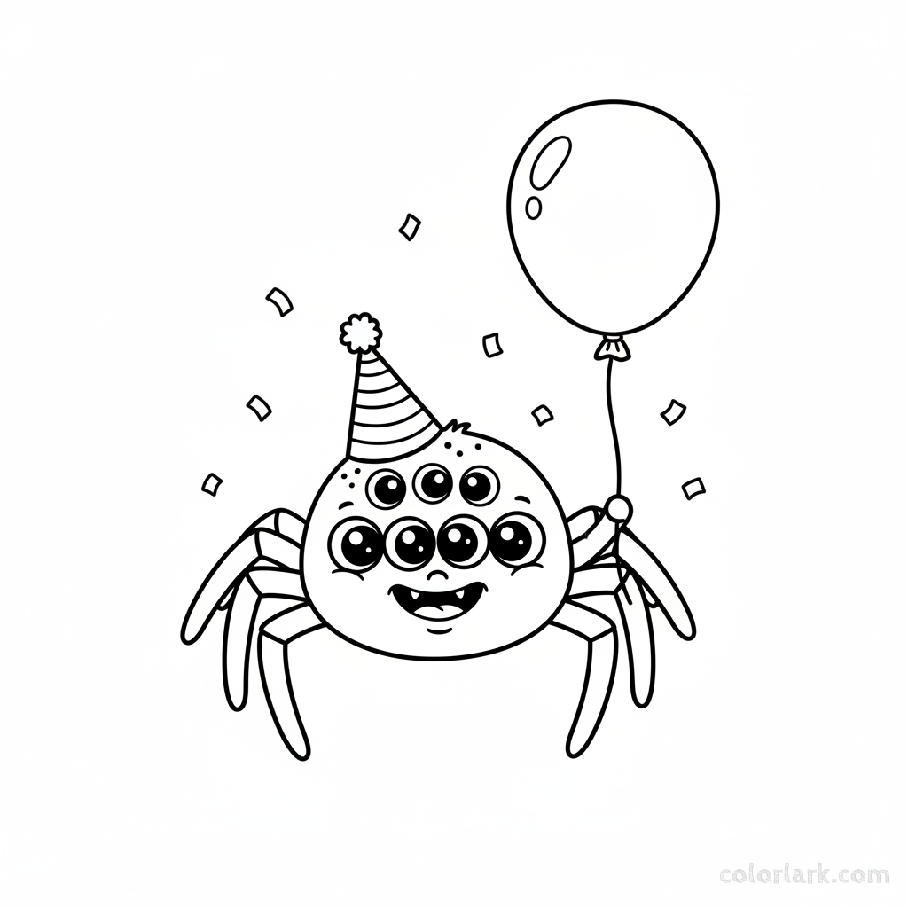 Black and white line art of a friendly spider wearing a party hat and holding a balloon, Halloween coloring page.