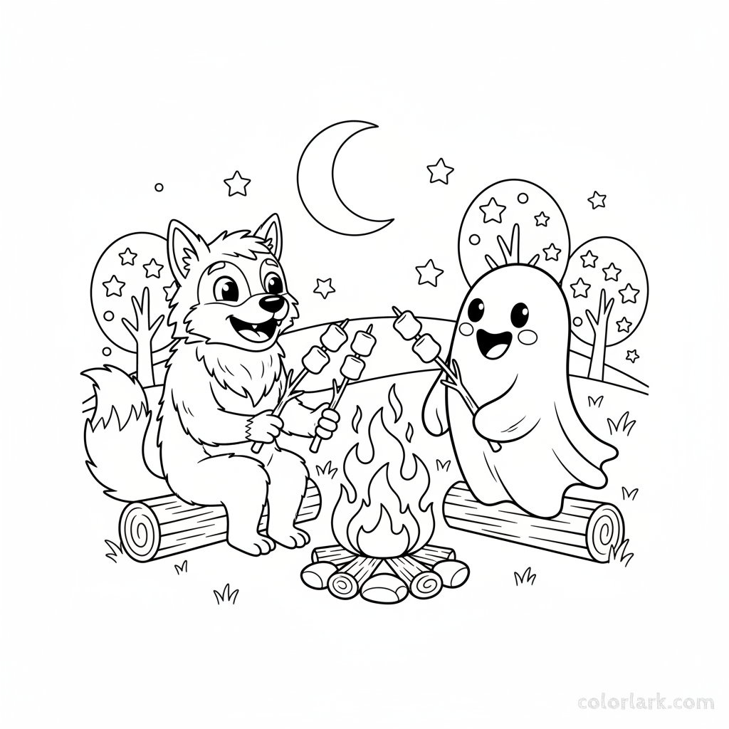 Black and white line art of a friendly werewolf and ghost roasting marshmallows over a campfire, Halloween coloring page.