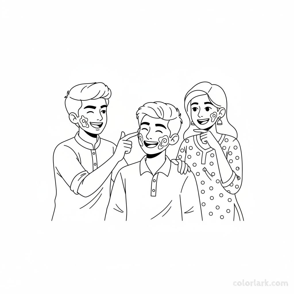 Friends applying gulal on faces for Holi coloring page for kids.