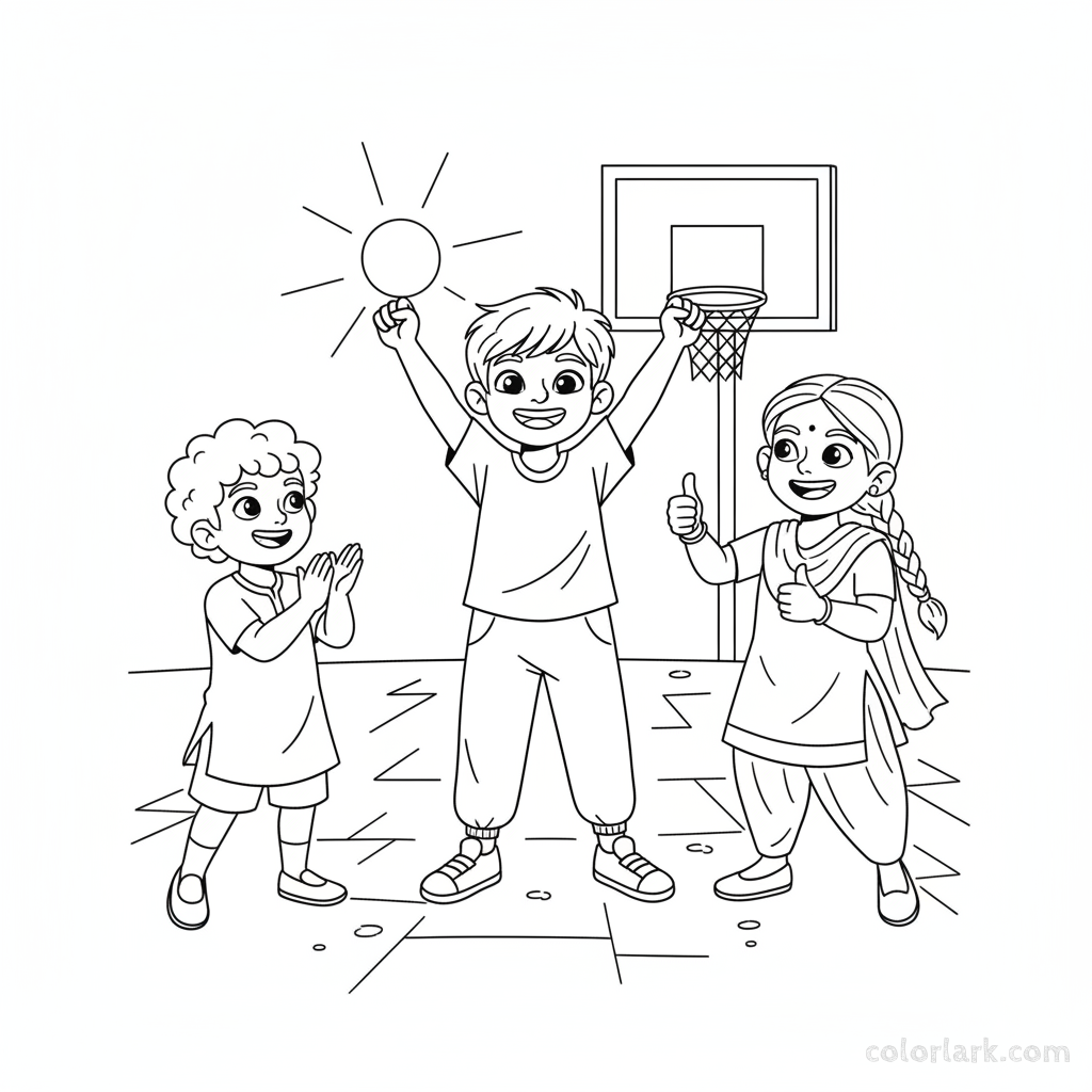 Line art of Indian children celebrating a street basketball win with high-fives and cheers.