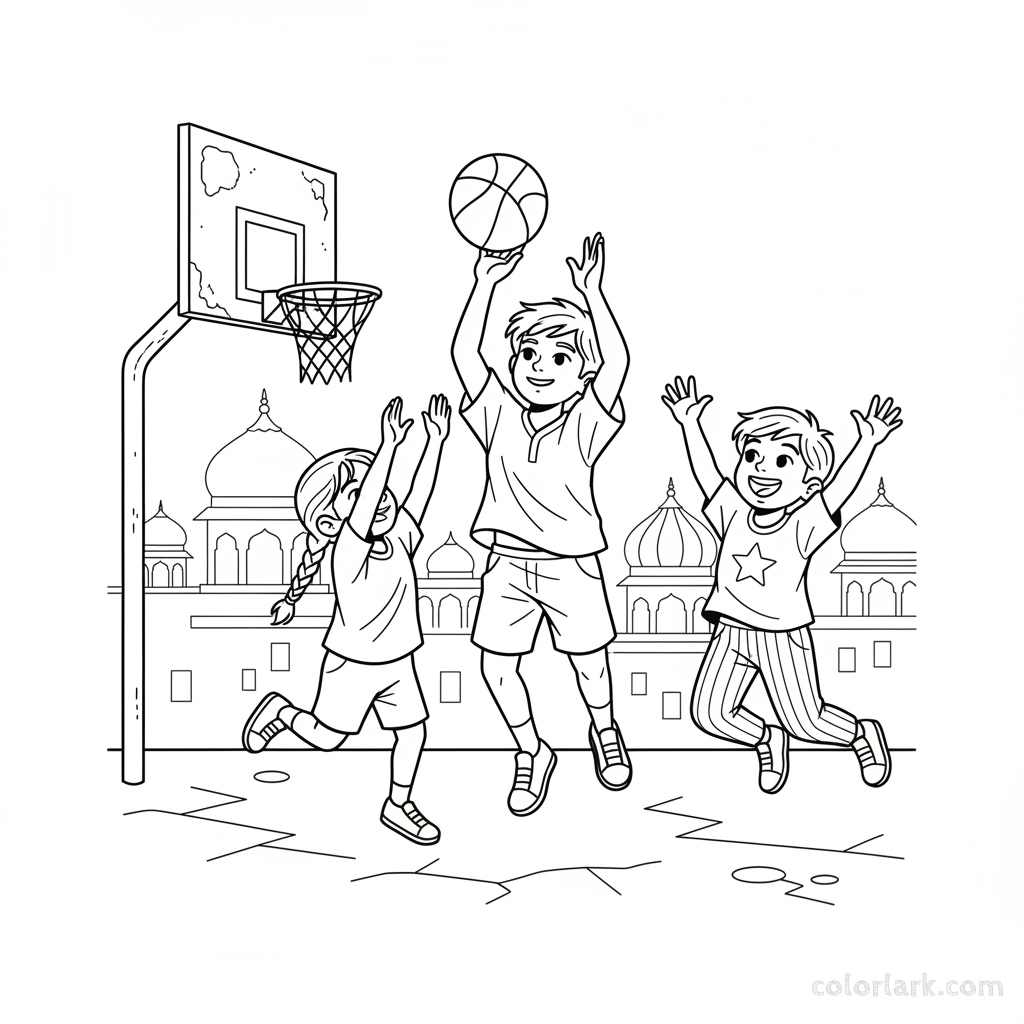 Line art of Indian children playing a street basketball game with friends cheering from the sidelines.