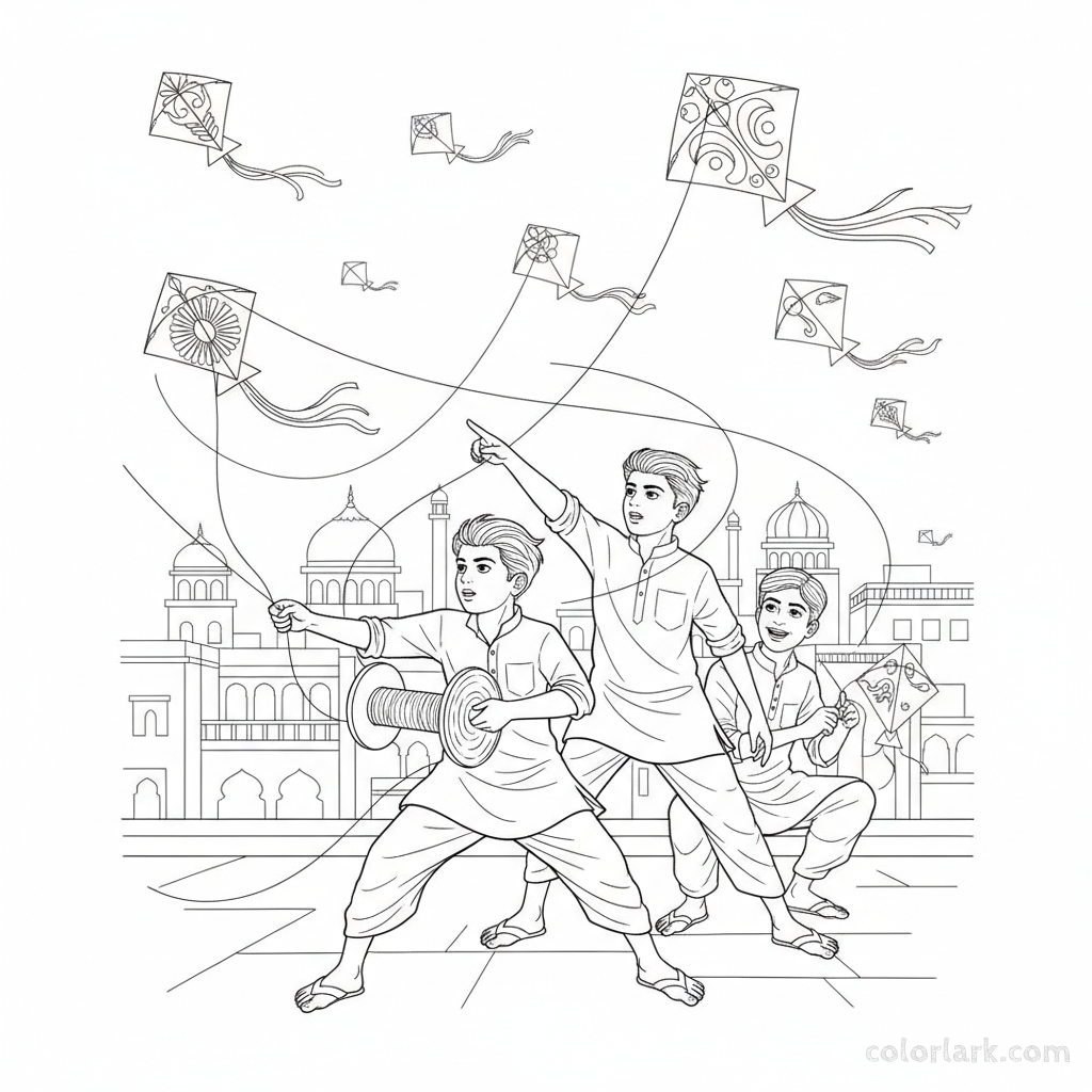 Line art of Indian boys flying fighter kites above an Indian city skyline, suitable for coloring.