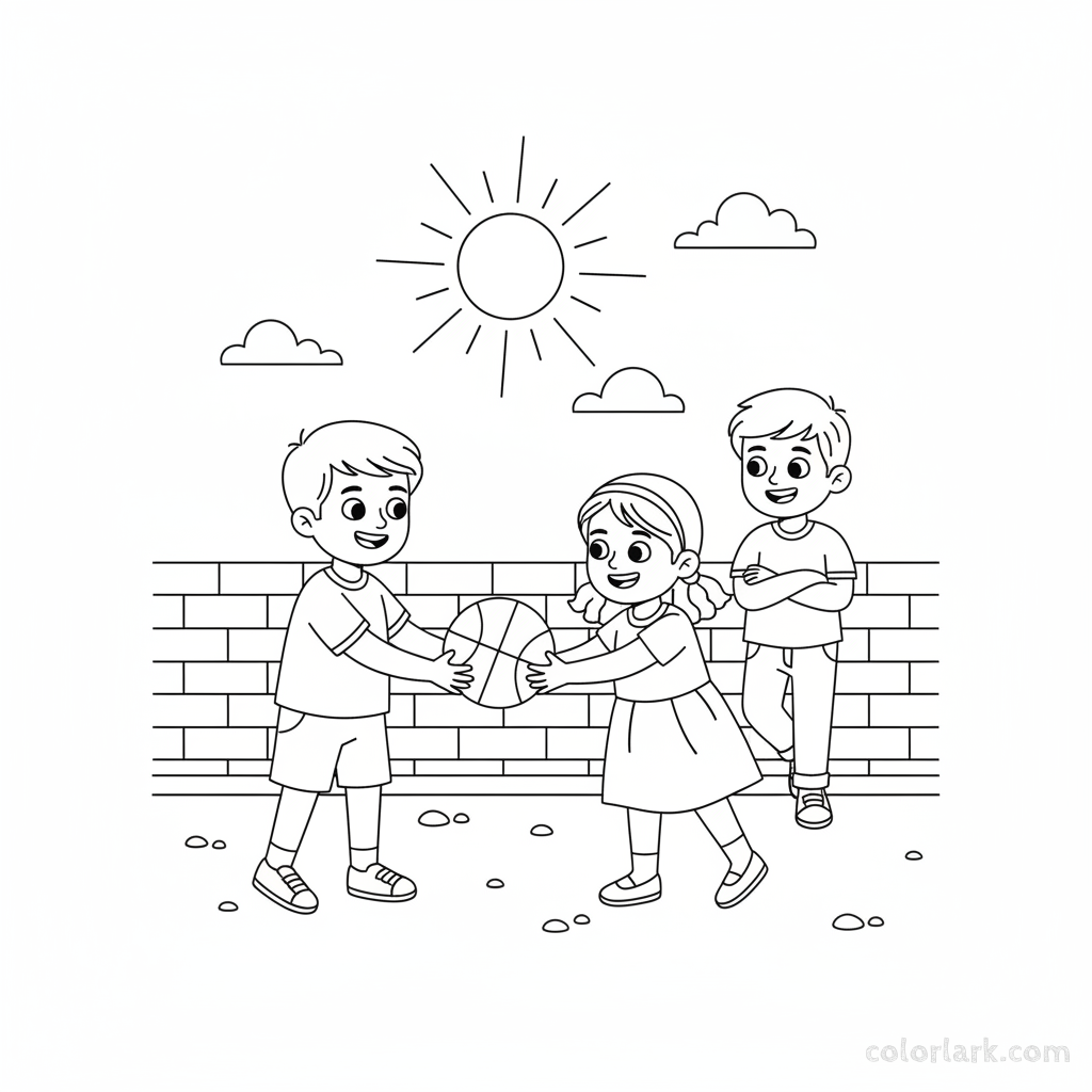 Line art of Indian children sharing a basketball on a street, with a friend watching and smiling.