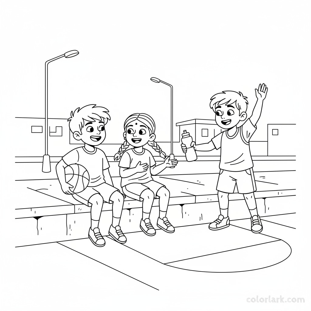 Line art of Indian children taking a break from street basketball, chatting with a friend offering water.