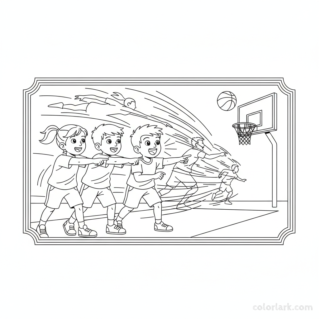 Line art of Indian children watching a fast break in street basketball, pointing and cheering.