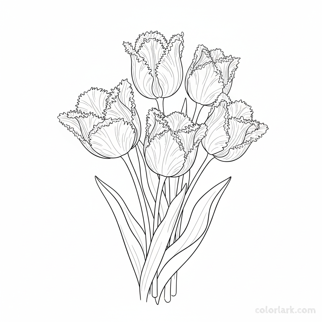 Line art illustration of a close-up of fringed tulips with delicate petal edges