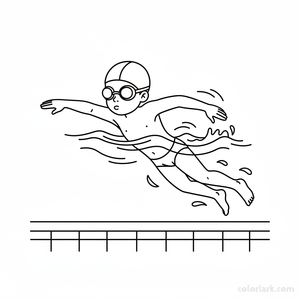 Black and white line art of a full body view of a child swimming freestyle in a pool, wearing a swim cap and goggles.