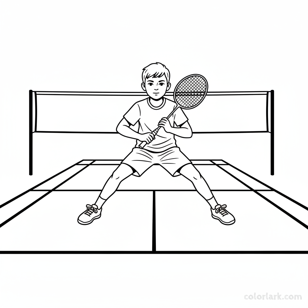 Black and white line art of a child performing a badminton split step for anticipation.