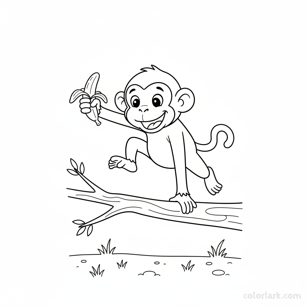 Line art of a funny monkey performing cartwheel-like acrobatics in a jump, holding a partially peeled banana.