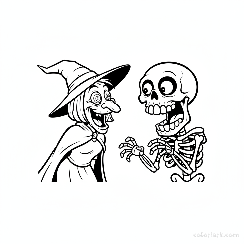 Black and white line art of a cartoon skeleton and witch making silly faces, Halloween comedy coloring page.