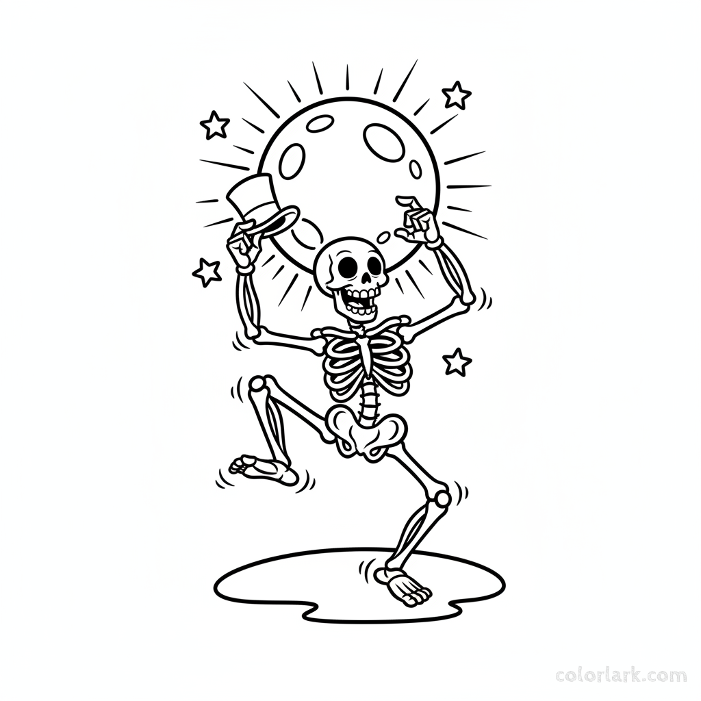 Black and white line art of a funny cartoon skeleton dancing under a full moon, Halloween night coloring page.