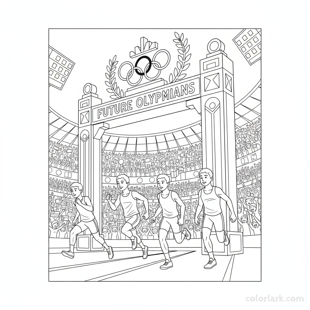 Line art of future Olympians sprinting to an Olympic-themed finish line with a global cheering crowd