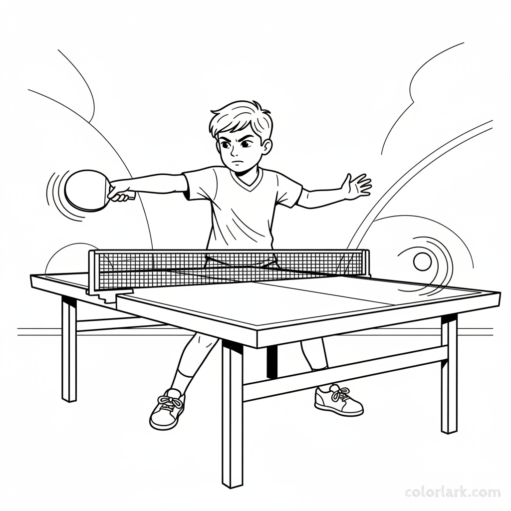Line art of a young boy, a future star, practicing a forehand rally in table tennis.