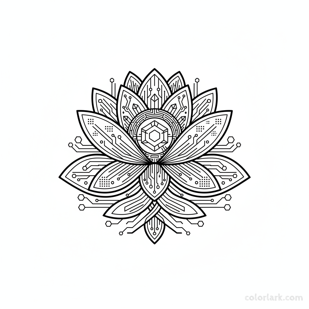 Black and white line art of a futuristic lotus design with integrated digital elements.