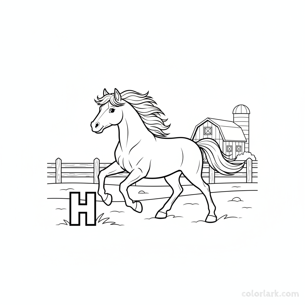 Black and white line art of a galloping horse with the letter H.
