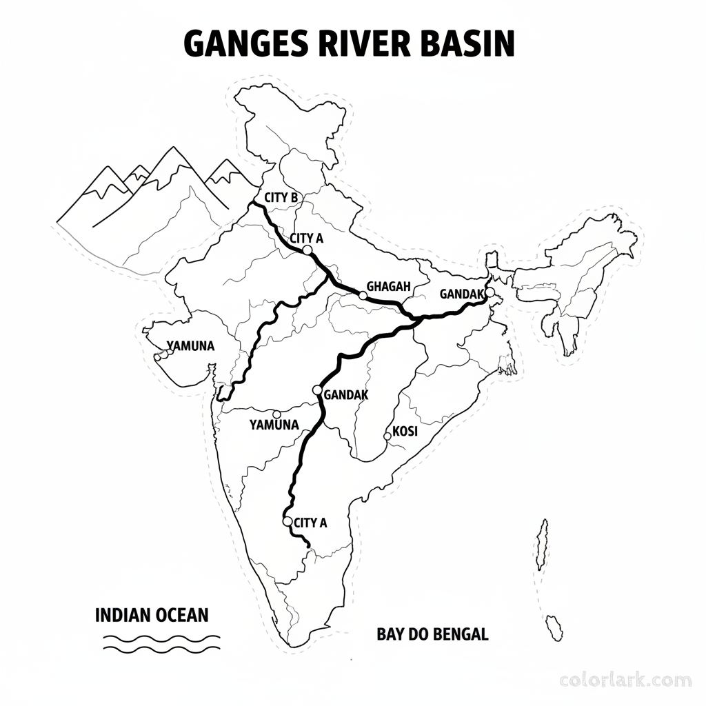 Line art coloring map of the Ganges River Basin in India, showing the Ganges and its primary tributaries like the Yamuna.